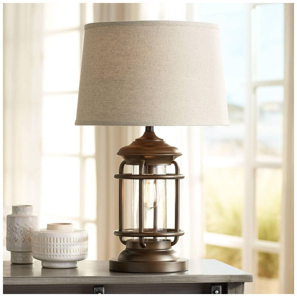 Luminária de Mesa Vintage em Metal com USB e Abajur de Tecido, FRANKLIN IRON WORKS 45P79, Marrom