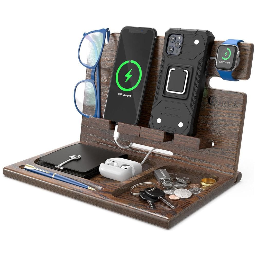 Barva Porta Chaves e Organizador Tudo em Um de Madeira com Suporte para Celular, Marrom