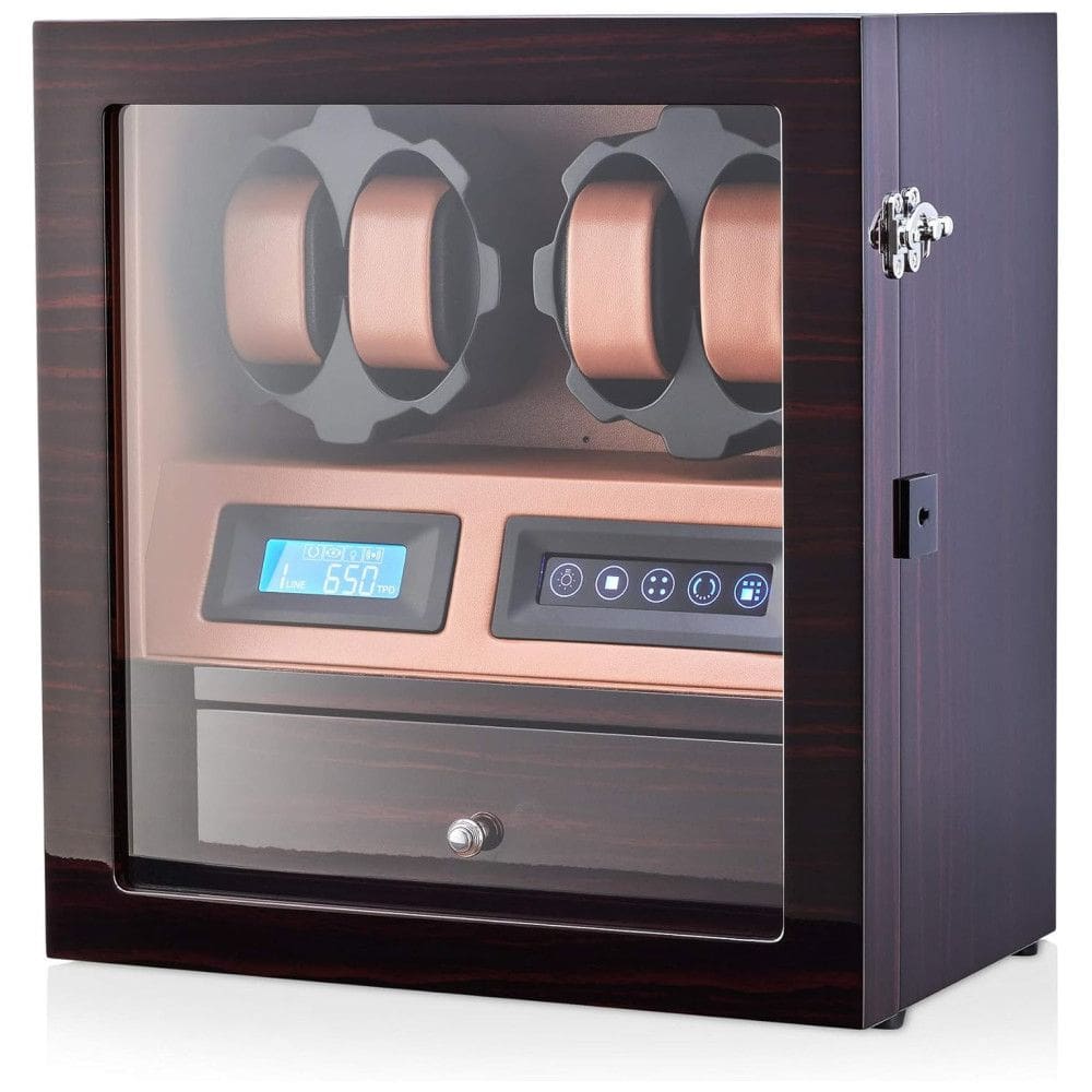 Caixa, Estojo Rotativo Automático para Relógios com Luz e Painel de Controle, 4 Lugares, LEADER WATCH WINDERS X205, Marrom