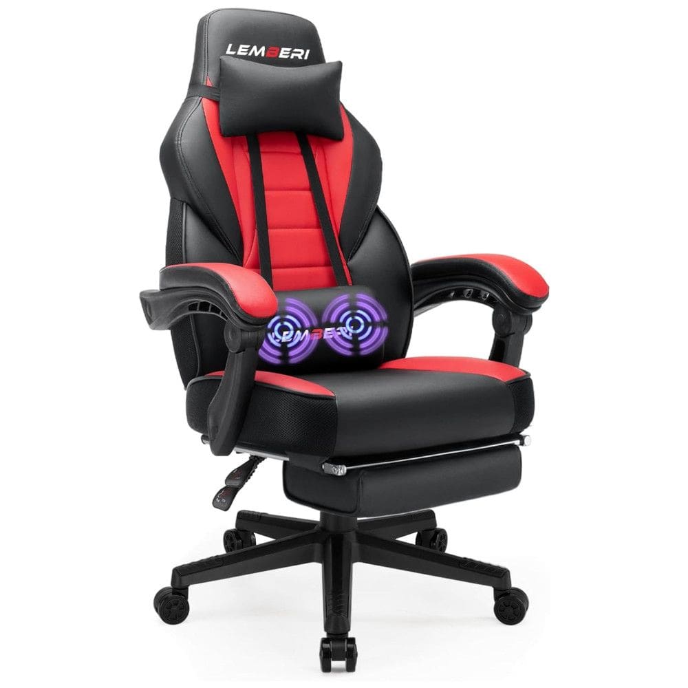 LEMBERI Cadeira Gamer Ergonômica Reclinável e Giratória com Apoio Lombar e Cabeça, Preta e Vermelha