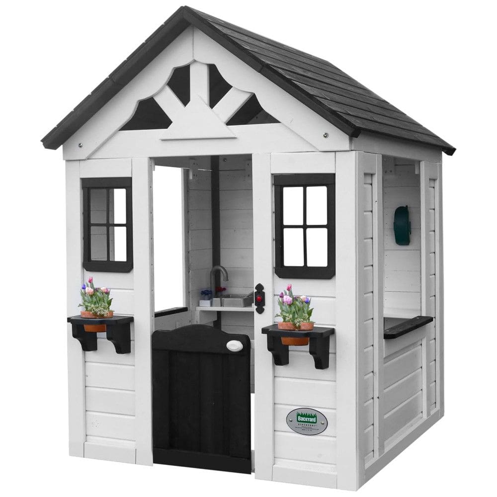 Casinha Infantil de Madeira para Área Externa com Porta Estilo Country, Campainha e Suportes para Vasos de Flores, Backyard Discovery