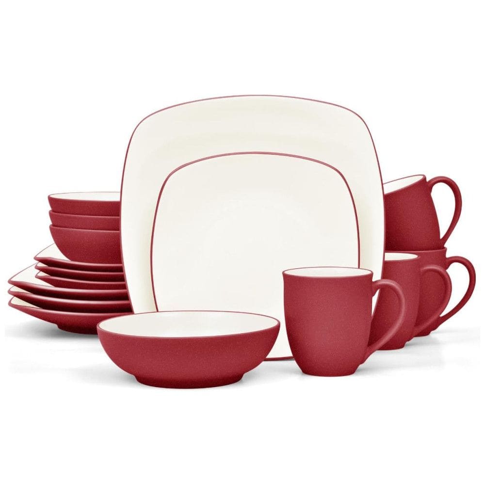 Aparelho de Jantar para Todas as Ocasiões com 16 Peças, Formato Quadrado e Material de Cerâmica, Noritake, Vermelho