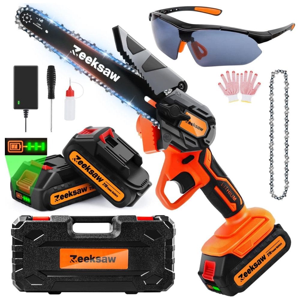 Mini Motosserra Elétrica sem Fio com 2 Baterias 21V para Poda de Galhos, 900W, Zeeksaw, Laranja