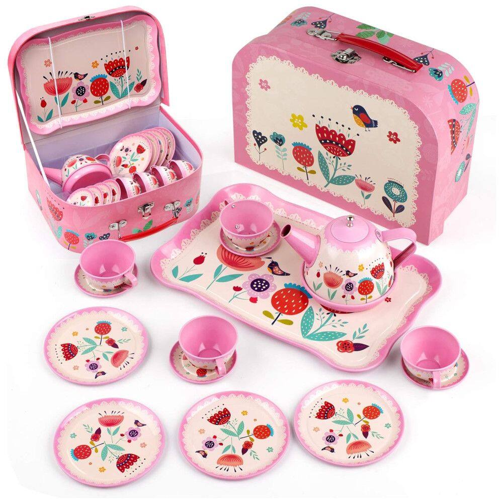 Jogo de Chá Infantil em Lata 15 Peças com Maleta de Transporte para Crianças Acima de 3 Anos, D-FantiX, Rosa
