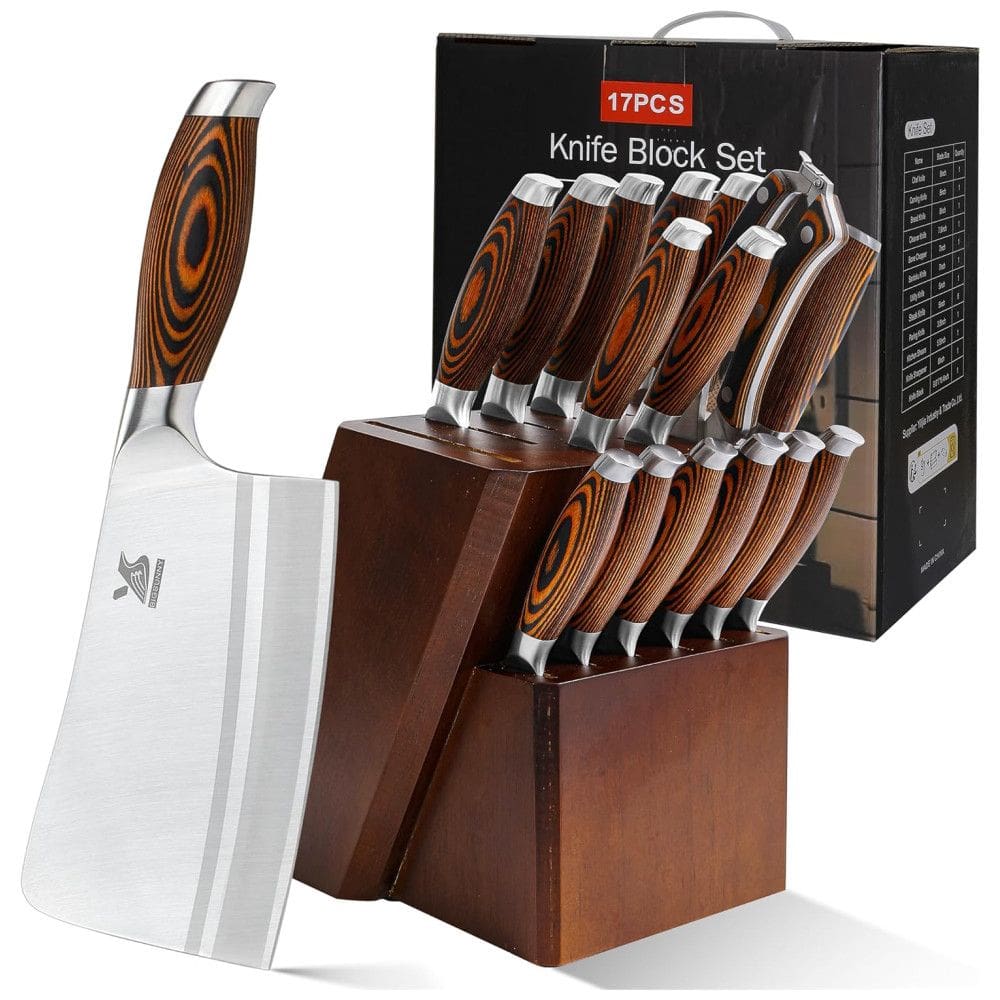 MSY BIGSUNNY Conjunto de Facas com Afiador Embutido e Bloco de Bancada 17 Peças, Marrom