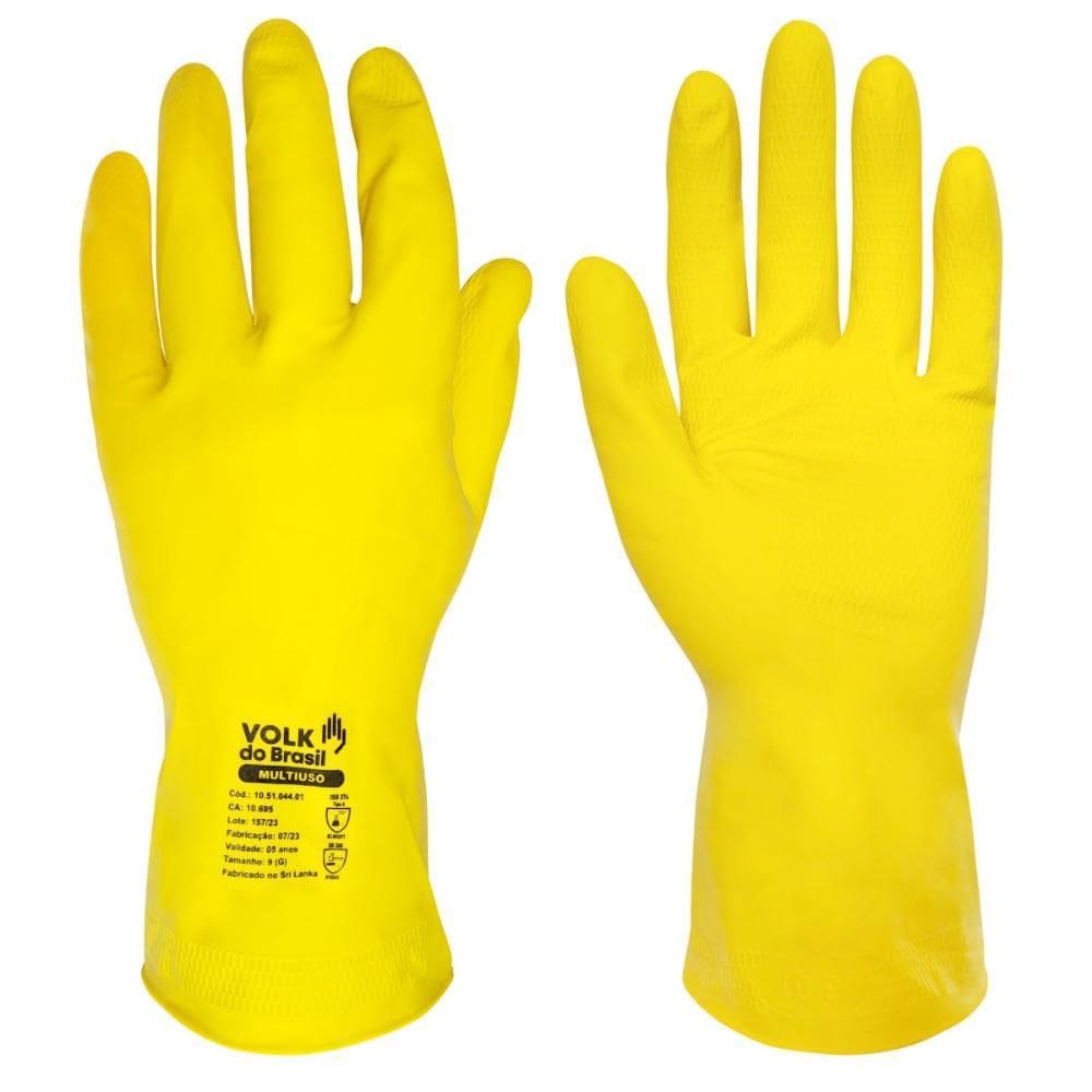 Kit 5 Pares Luva Látex Amarela Forrada Multiuso Limpeza Louça Volk