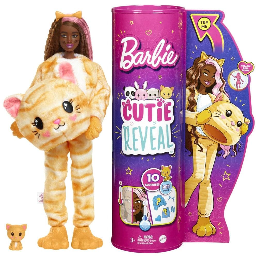 Cutie Revelação com Fantasia de Gatinho e 10 Surpresas Incluindo 1 Mini Pet com Mudança de Cor, BARBIE HHG20, Laranja