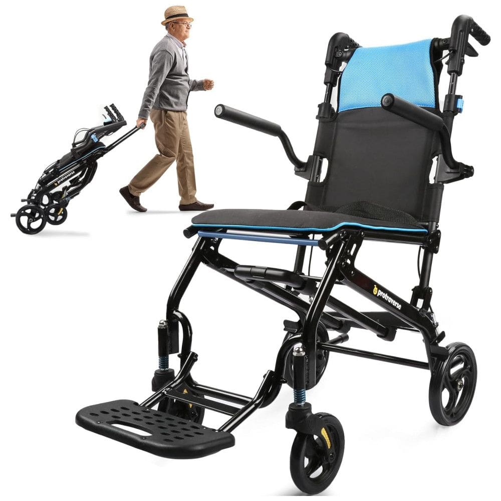 Cadeira de Rodas para Adultos Ultraleve, Dobrável e Portátil, com Alça Telescópica - Ideal para Viagens - Cor Azul,ProTraverse