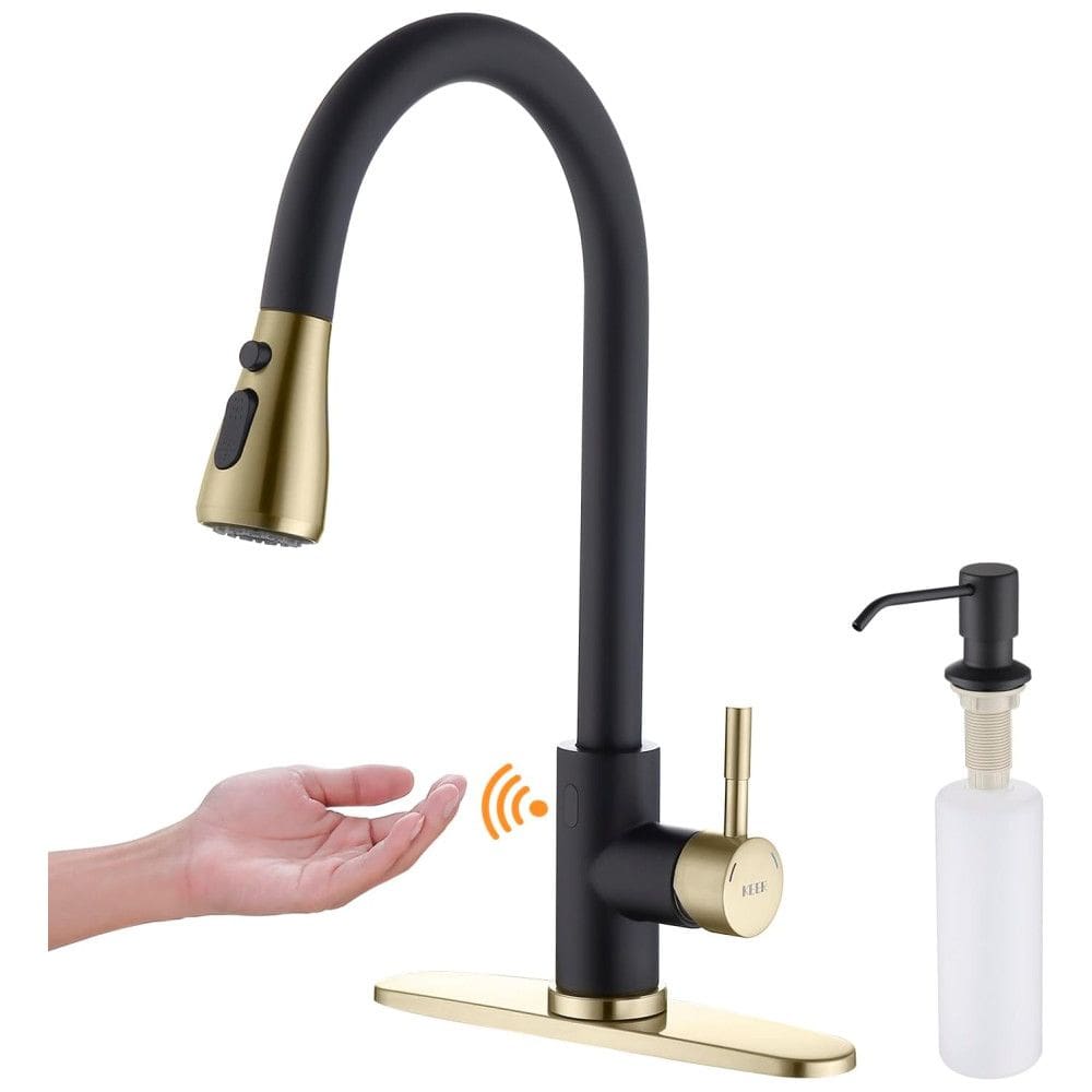 Torneira Cozinha com Sensor de Movimento, Pulverizador e Dispensador de Sabão, Aço Inoxidável, Keer, Preto Fosco e Dourada