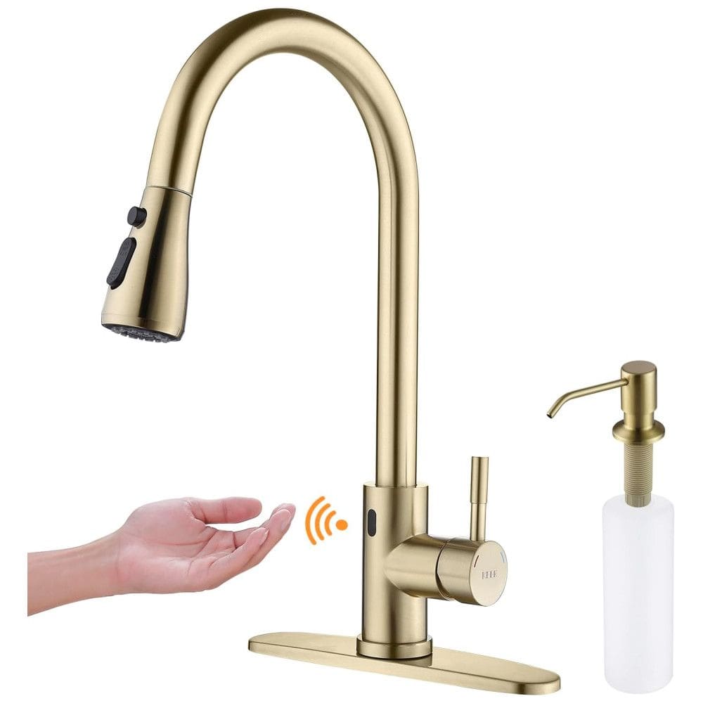 Torneira Cozinha com Sensor de Movimento, Pulverizador e Dispensador de Sabão, Aço Inoxidável, Keer, Dourada