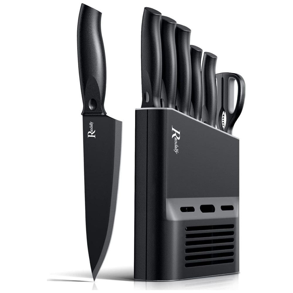 Randalfy Conjunto de Facas em Aço Inoxidável com Bloco de Bancada, 7 Peças, Preto