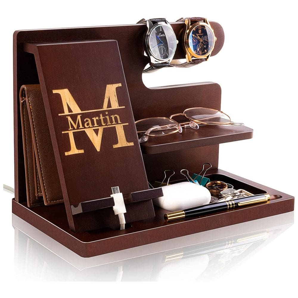 Porta Chaves e Organizador Tudo em Um de Madeira com Suporte para Celular, AWOFER, Marrom