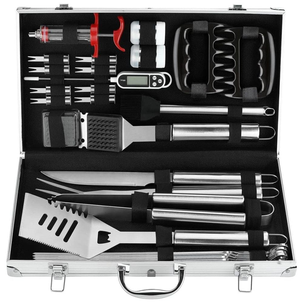 Kit Churrasco na Grelha 26 Peças de Aço Inoxidável, Termômetro e Injetor de Carne com Estojo de zenamento, POLIGO, Prateado