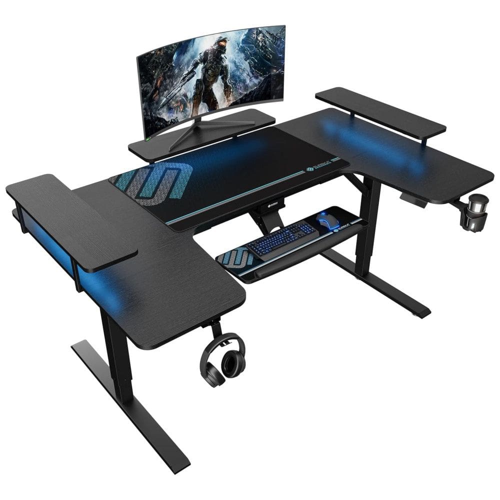 Mesa Gamer Ergonômica 74” 187 cm com Altura Ajustável, Ganchos para Fones de Ouvido, Prateleiras Conversíveis e Suporte para Monitor, 110V