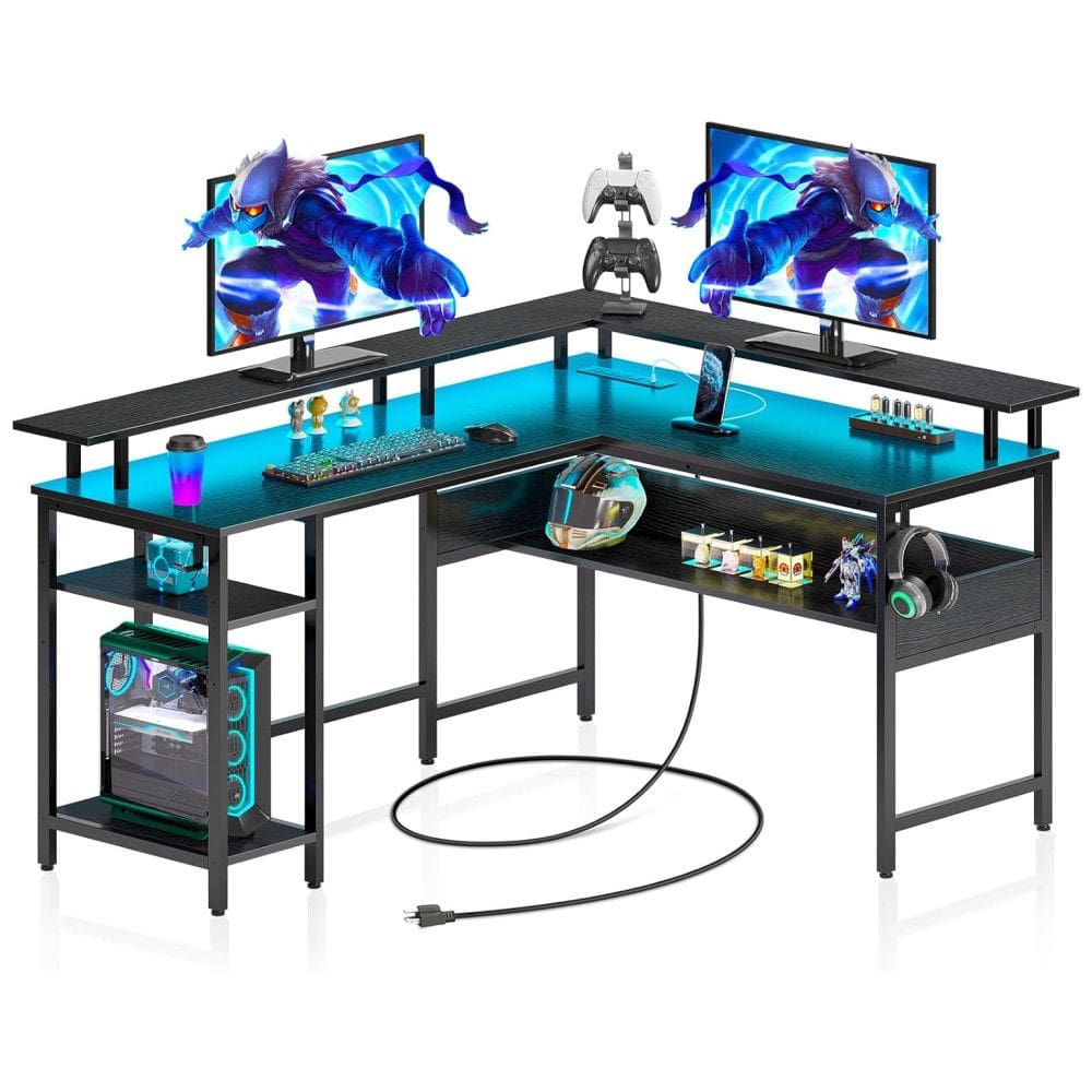 Mesa Gamer em Formato de L, 56.7” 144 cm com Ganchos para Fones de Ouvido, Luz LED, Tomadas e Suporte para Monitor, 110V