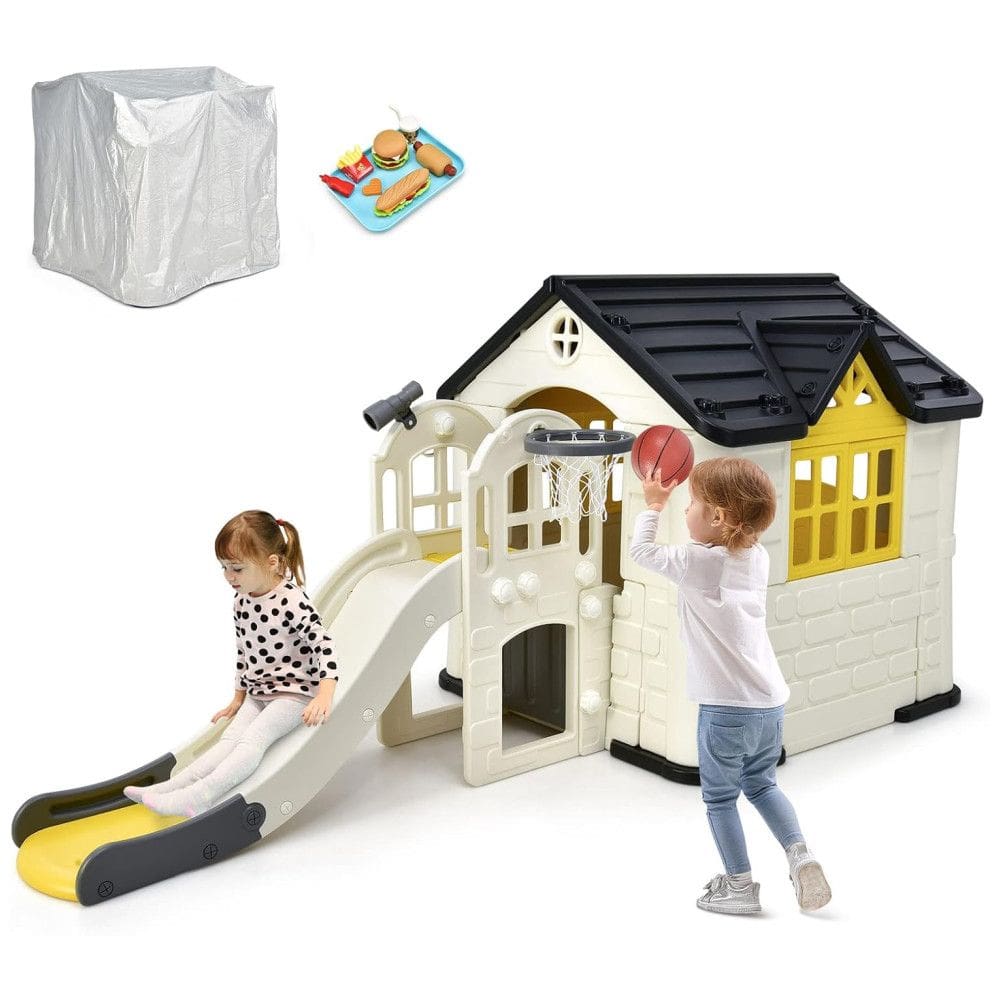 Casinha Infantil para Área Externa 7 em 1 com Cesta de Basquete, Escorregador e Capa à Prova D`água, Costzon, Branca e Amarela