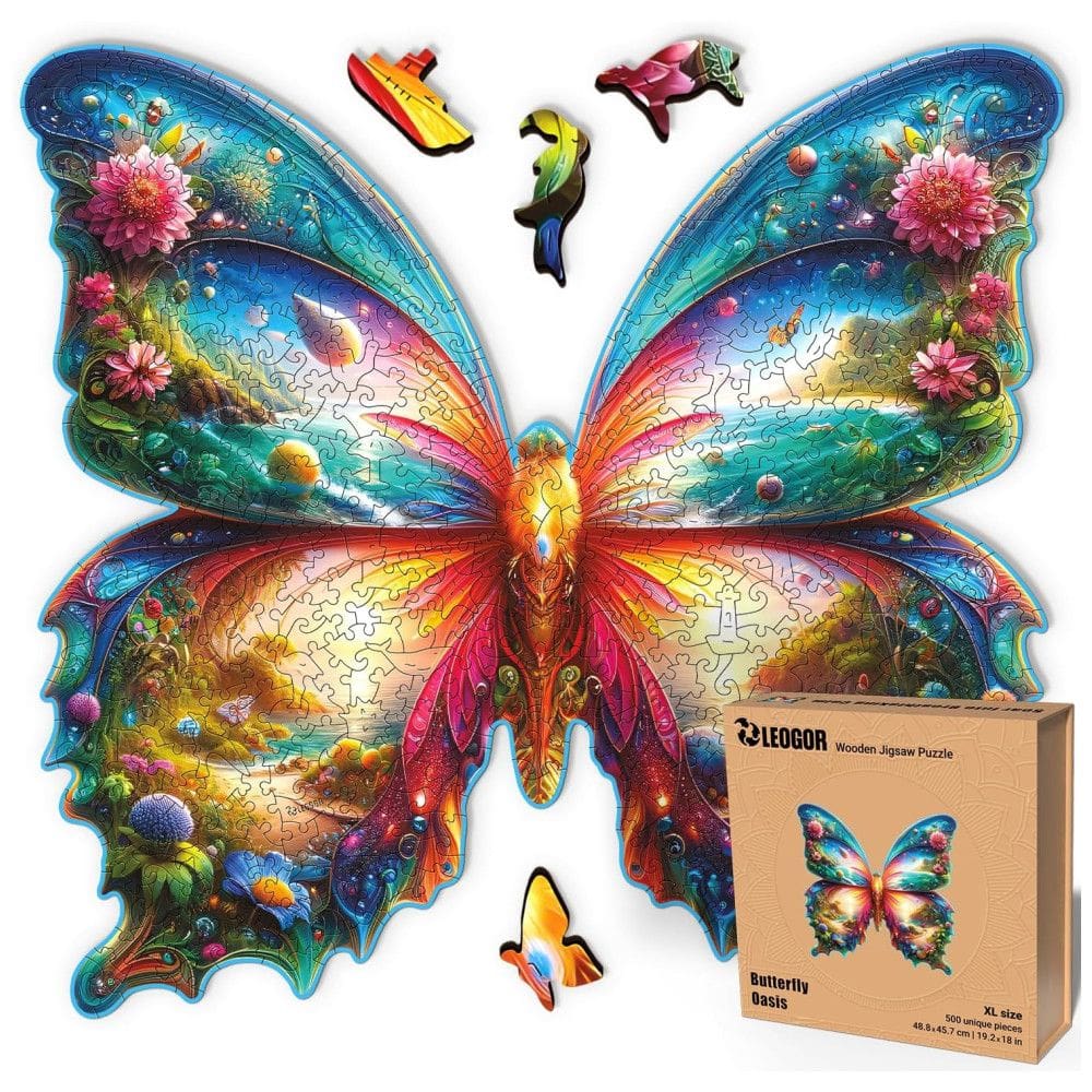 Quebra Cabeças em Madeira MDF para Adultos, Tema Borboleta com 500 Peças, LEOGOR, Colorido