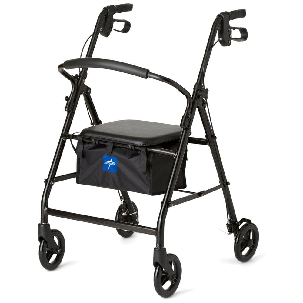 Andador Rollator de Alumínio Medline com Assento, Preto, Capacidade de Peso de 136 kg, Leve, 6 Rodas, Dobrável, Manoplas Ajustáveis