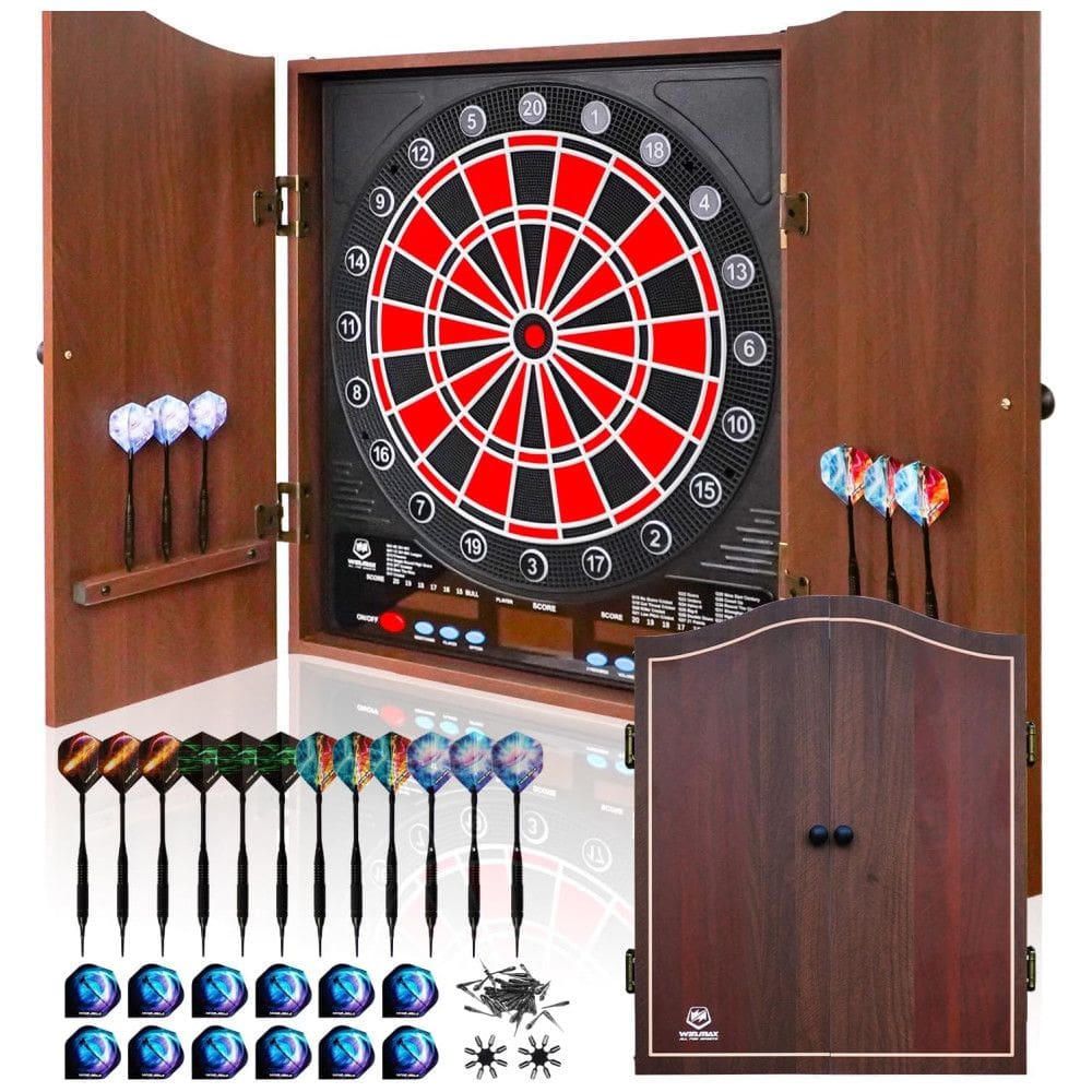 Jogo de Dardos Eletrônico, 12 Dardos, 34 Modos de Jogo e 355 Variações de Pontuação com Gabinete de Madeira Maciça para até 8 Jogadores