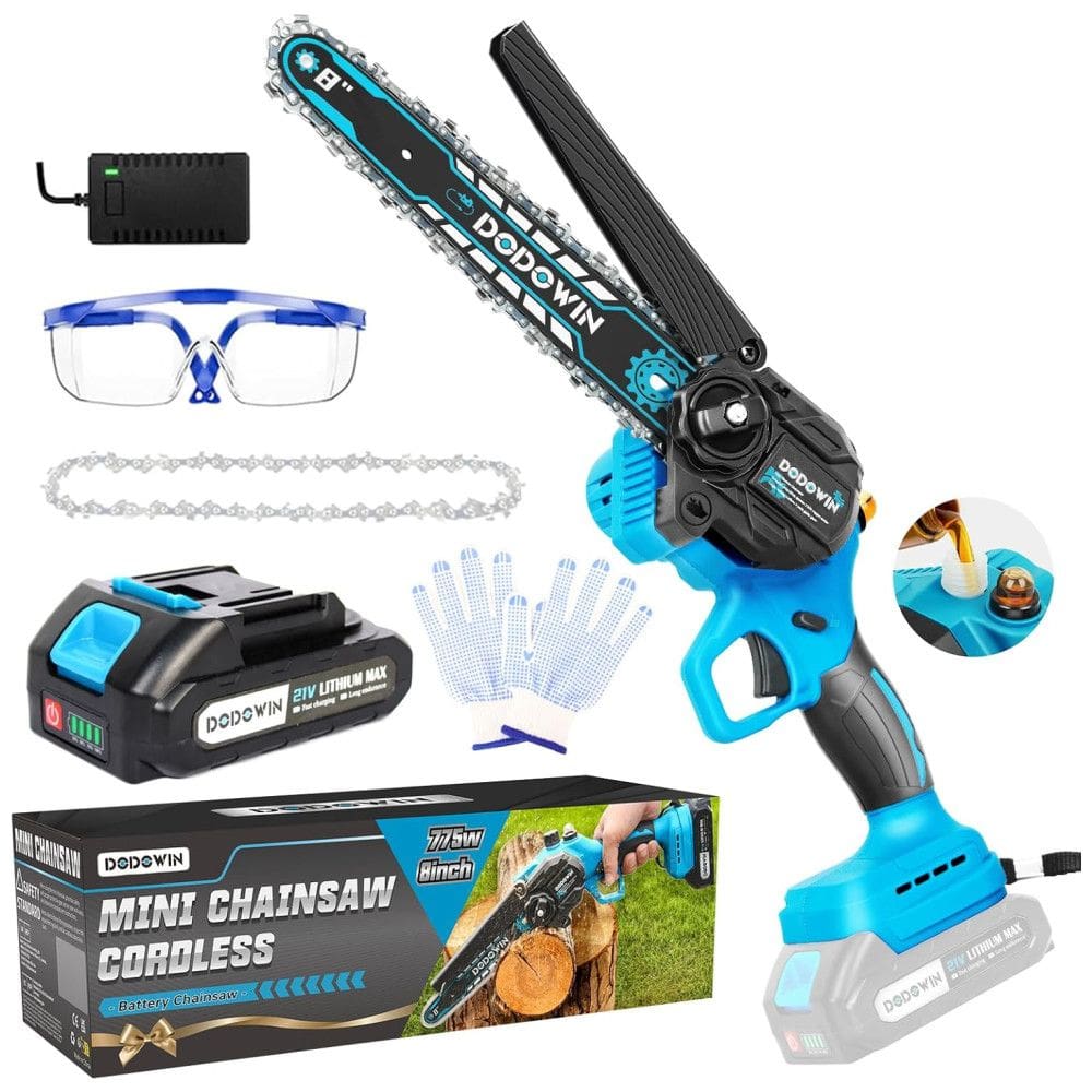 Mini Motosserra Elétrica sem Fio com Bateria de 21V Recarregável, Inclui Corrente e Acessórios, DODOWIN, Azul