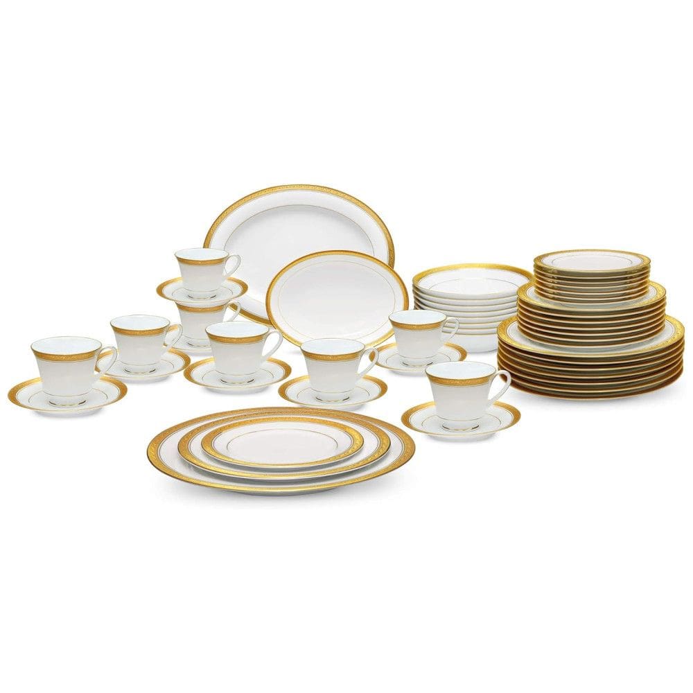 Aparelho de Jantar Completo para 8 Pessoas com 50 Peças, Porcelana, Noritake 4167-50A, Branco e Dourado