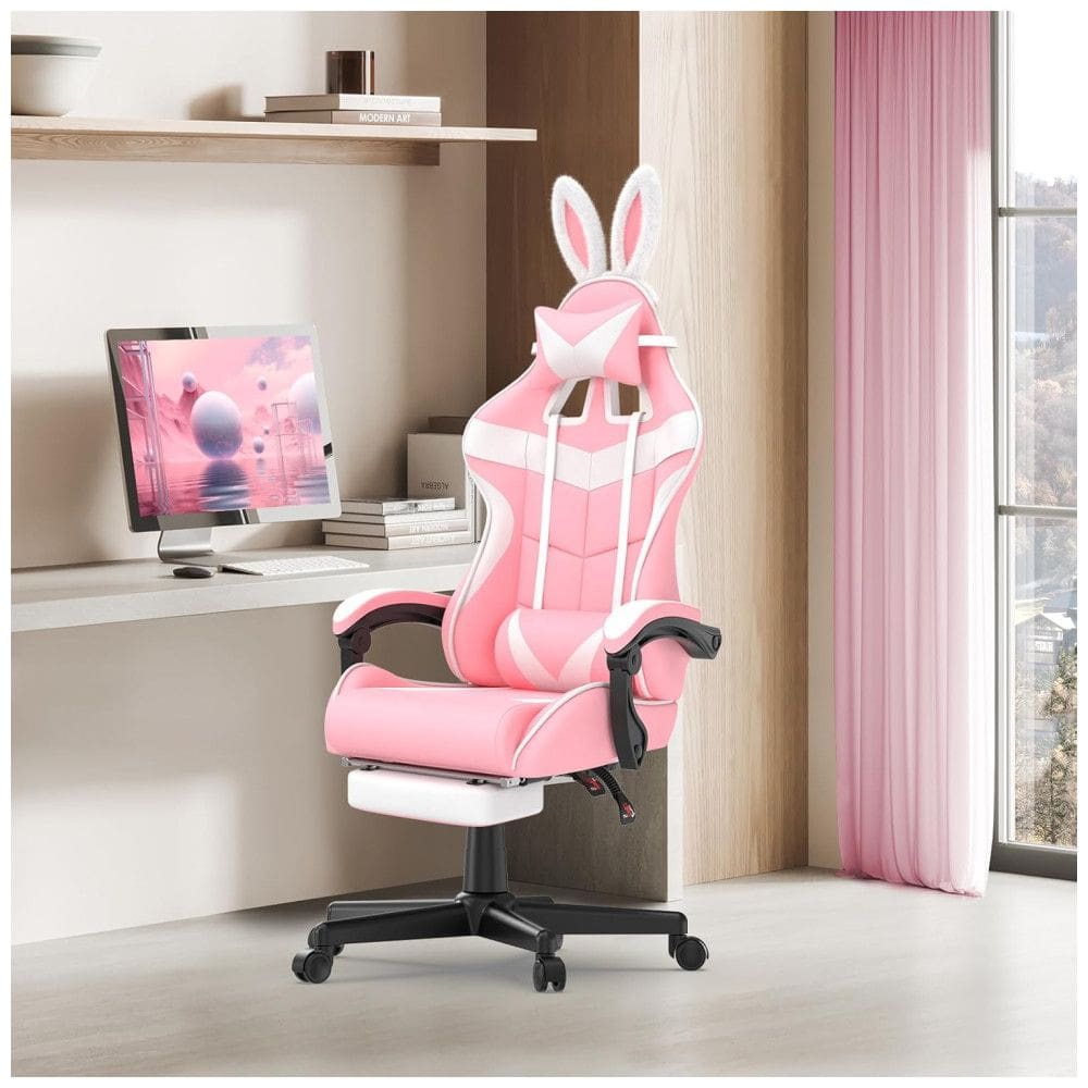 Soontrans Cadeira Gamer Ergonômica Reclinável e Giratória com Apoio Lombar e Cabeça, Rosa