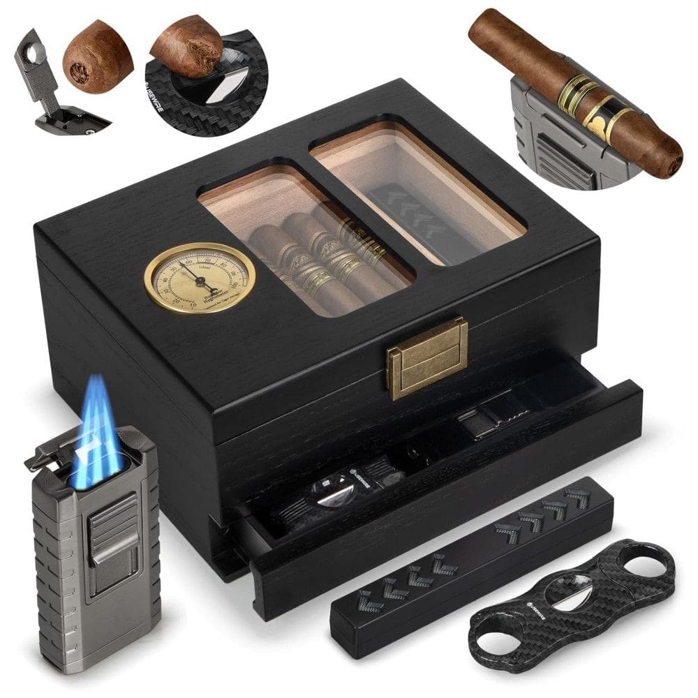 Umidor de Cedro para Charutos Usewire, 20-35 Charutos, Higrômetro, Isqueiro e Cortador de Charuto, Ideal para Presentear com Elegância