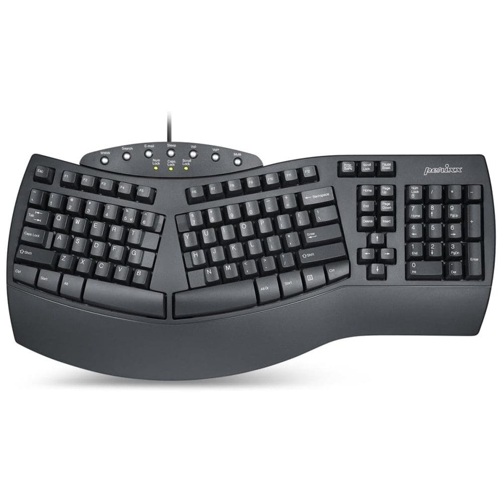 Teclado Ergonômico Dividido com Fio Recarregável Reduz a Tensão das Mãos com Teclas Programáveis, PERIXX PERIBOARD 512B, Preto