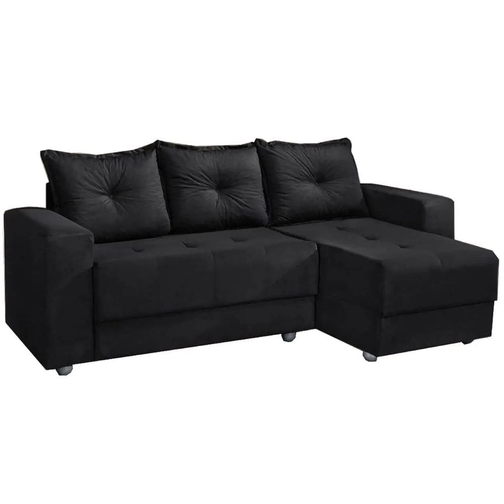 Sofá Florença 3 Lugares com Chaise Tecido Suede 200cm Cor Preto