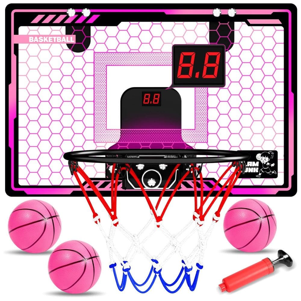 Cesta de Basquete para Meninas com Luz LED, Placar Eletrônico e 3 Modos de Jogo para Crianças de 5 a 12 Anos, HAMSILY, Rosa