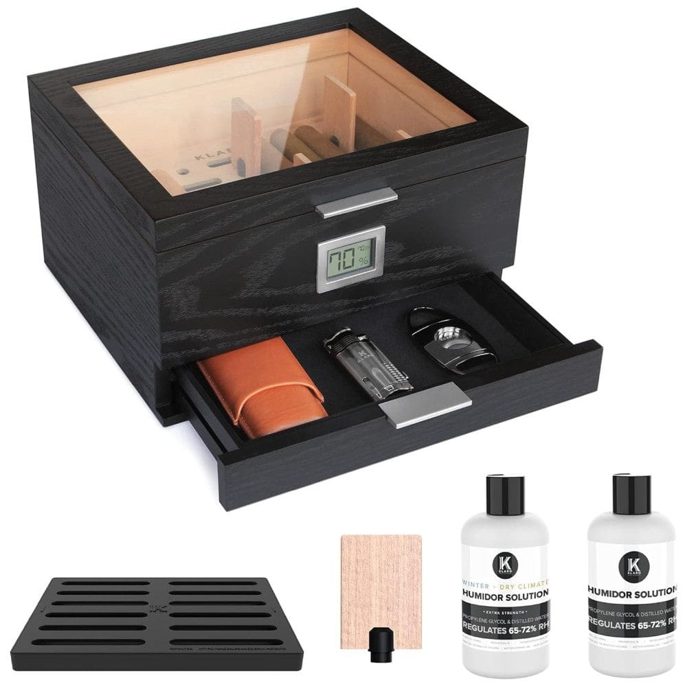 Umidor CASE ELEGANCE Glass Top com cedro espesso, sistema de umidificação fácil, higrômetro digital preciso - Preto