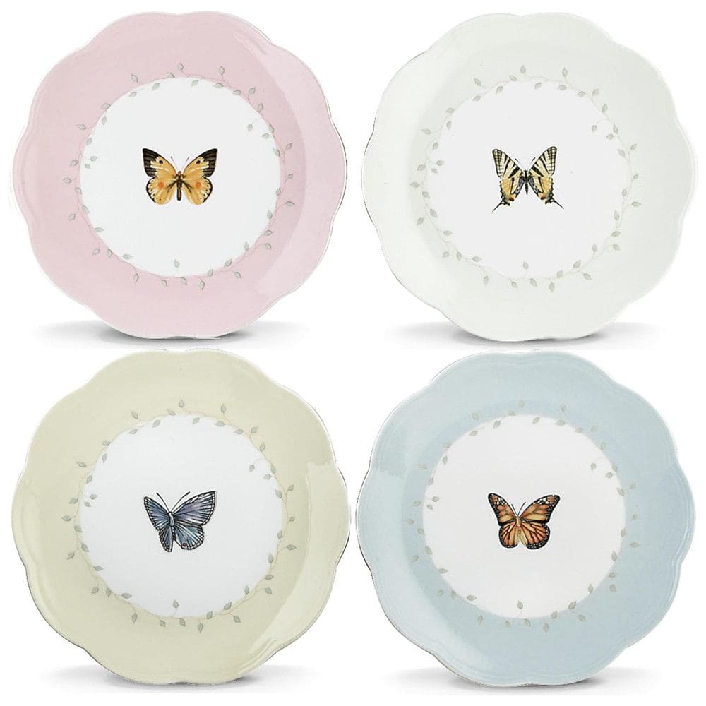Conjunto de Pratos para Sobremesa com 4 Peças, Formato Ondulado Redondo, Tema Borboleta e Material de Porcelana, LENOX 6444731, Colorido
