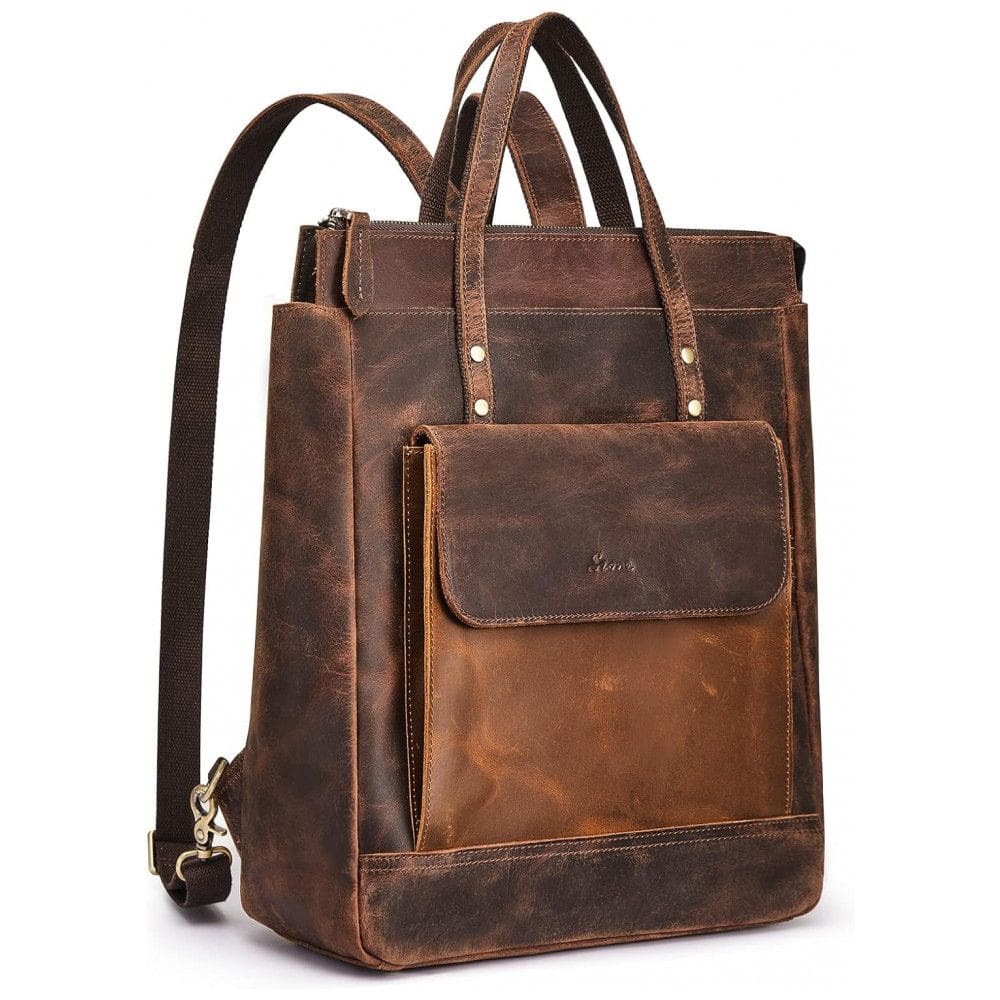 Mochila Unissex para Laptop de Couro, S ZONE, Marrom