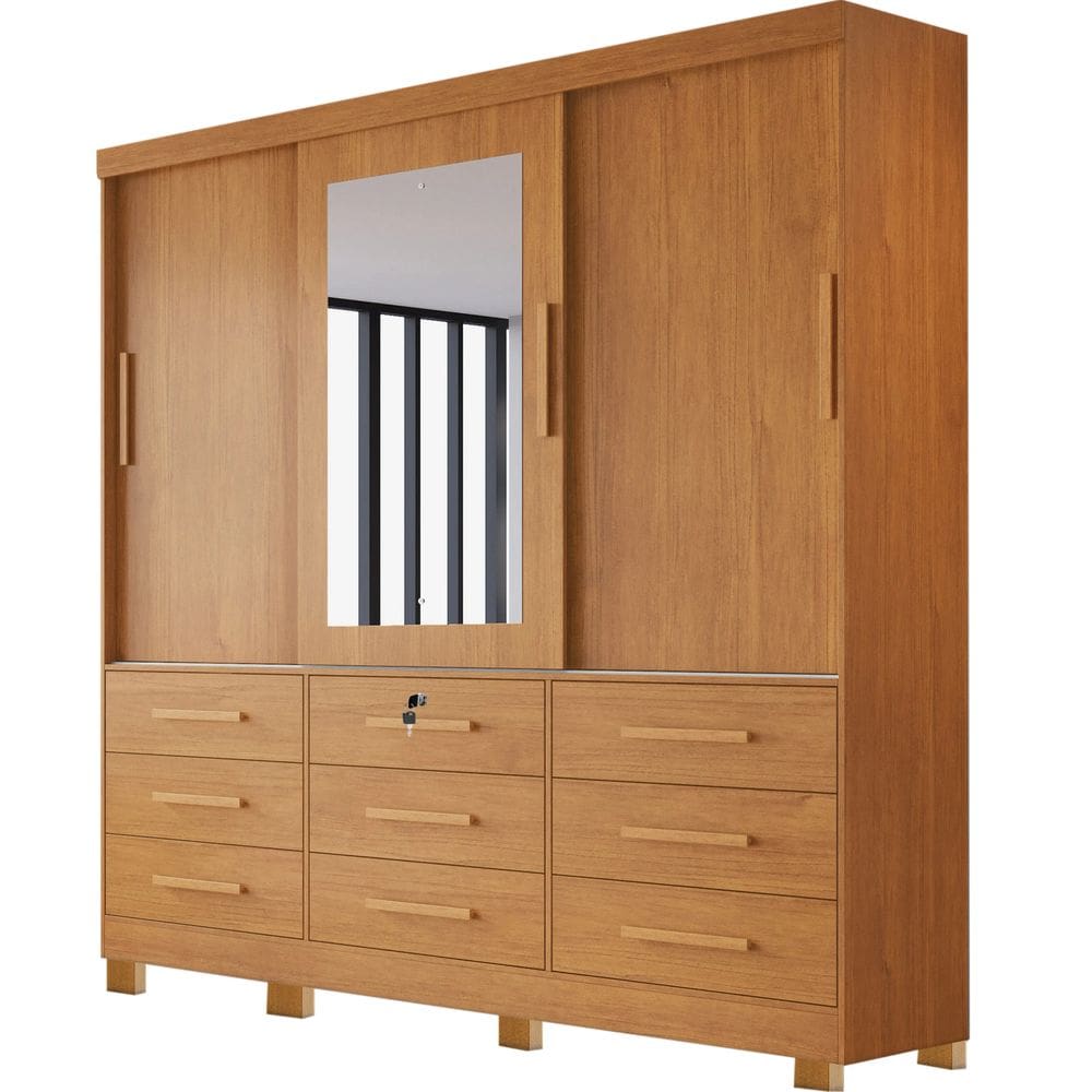 Guarda Roupa Athenas Bianchi Casal 3 Portas 9 Gavetas Cor Nature