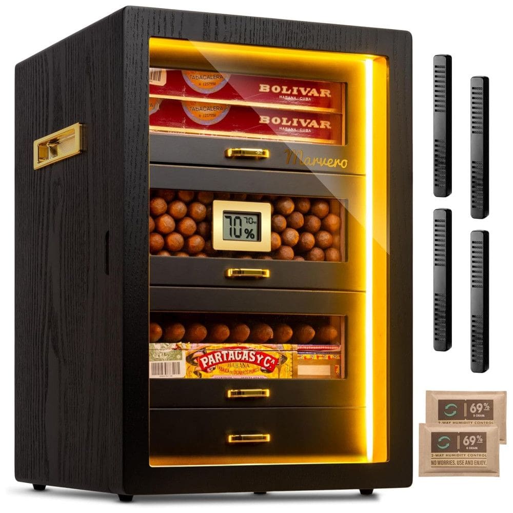 Umidor para Charutos Marvero com Higrômetro Digital e Umidificador, Iluminação LED e 4 Gavetas de Cedro, Pacotes de Umidade.