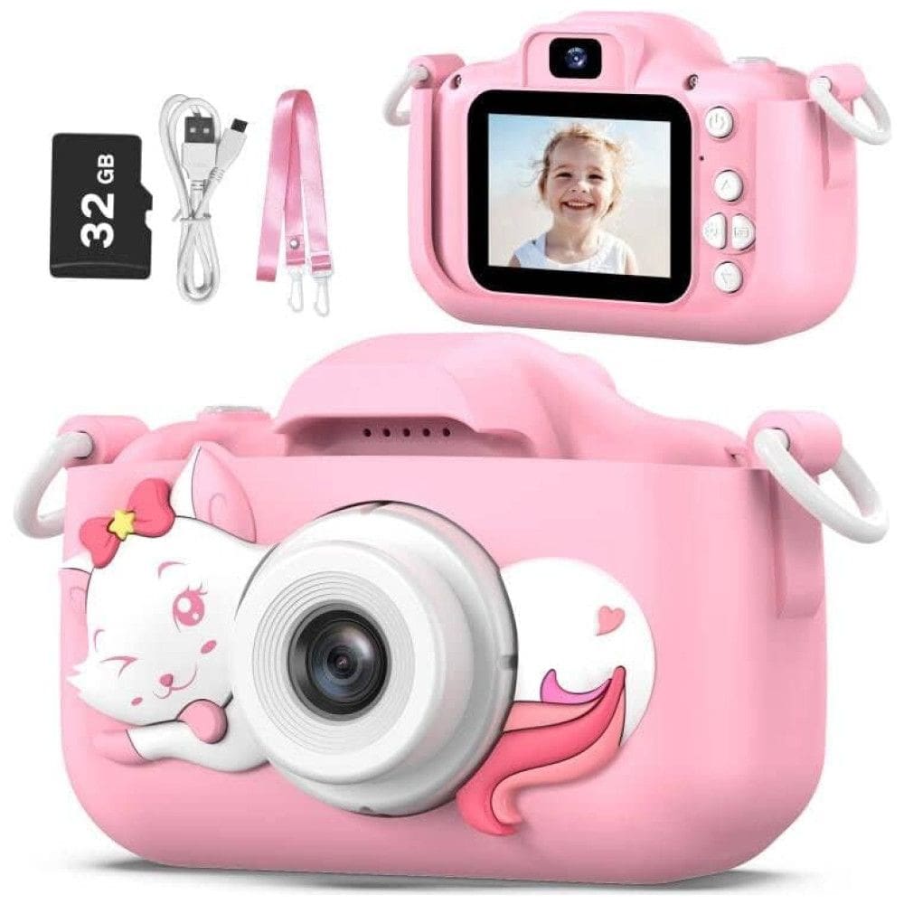 Câmera digital infantil Goopow, rosa e roxa, inclui cartão MicroSD de 32GB, resistente a quedas e durável para meninas de 3 a 10 anos.