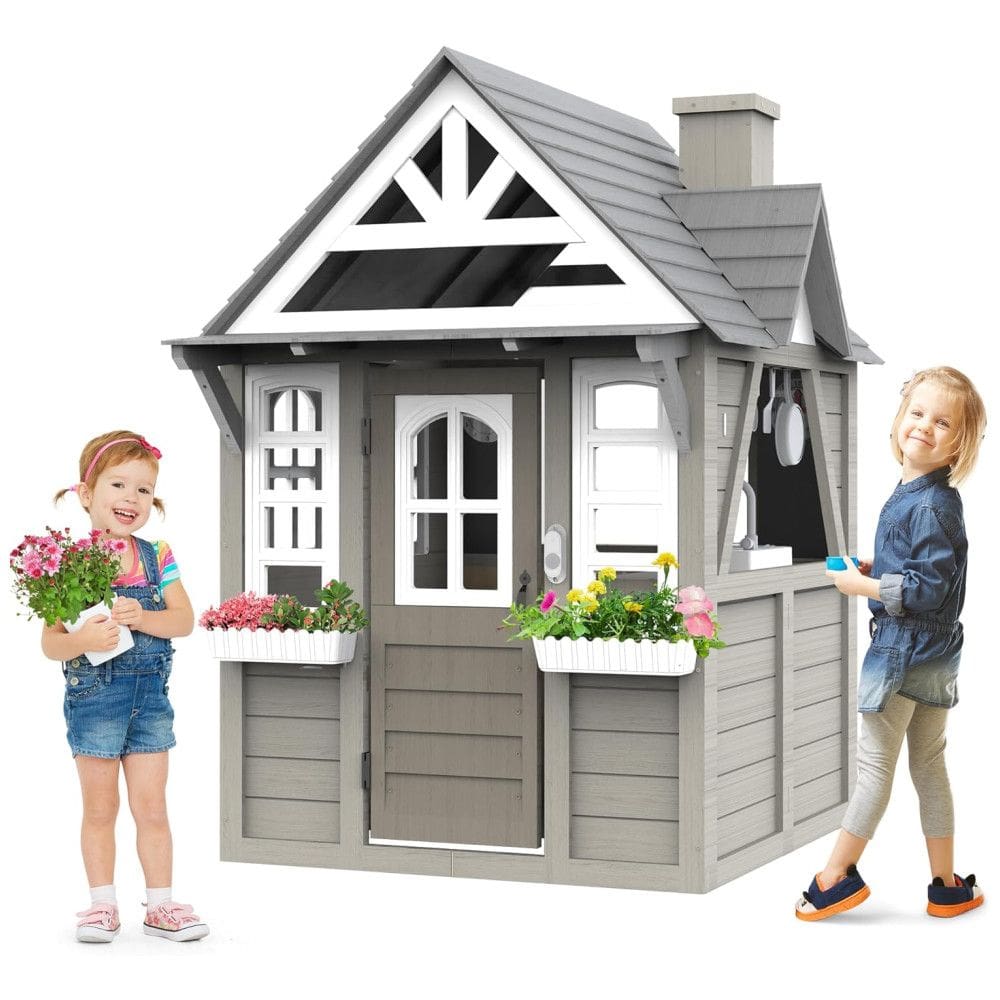 Casa com Quintal Seizeen, em Pinheiro Cinza Moderno, com Pia, Fogão, Utensílios e Suportes para Vasos de Plantas - 120cm