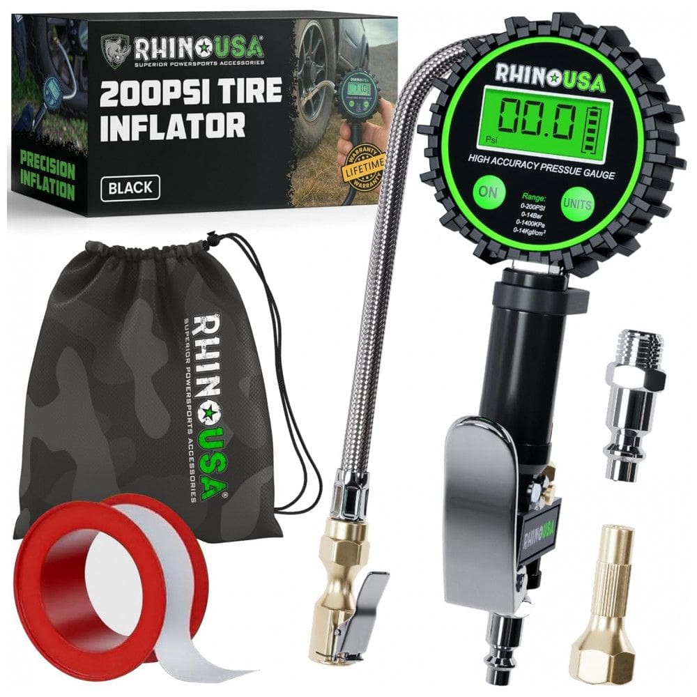 Medidor de Pressão de Pneus Digital Rhino USA com Inflador 0200 PSI, Engate de Ar Resistente e Acessórios para Compressor com Mangueira