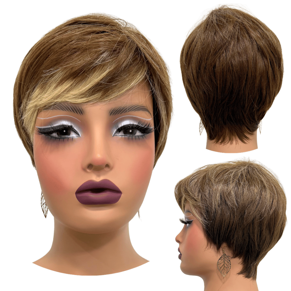 Peruca curta castanho claro repicada franja loira FH12/613