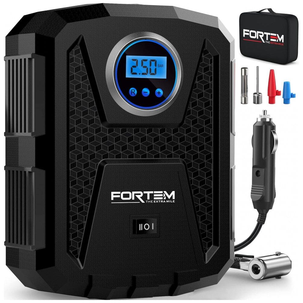 Compressor de Ar com Fio Portátil 150 PSI Recarregável com Tela LED e Desligamento Automático, 12V, FORTEM, Preto