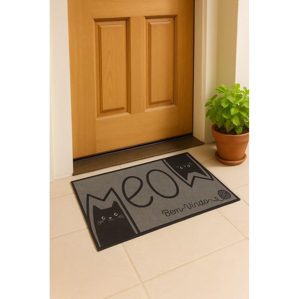 Tapete De Entrada 100% Poliéster Base Látex Antiderrapante 75x45cm - Gato Meow