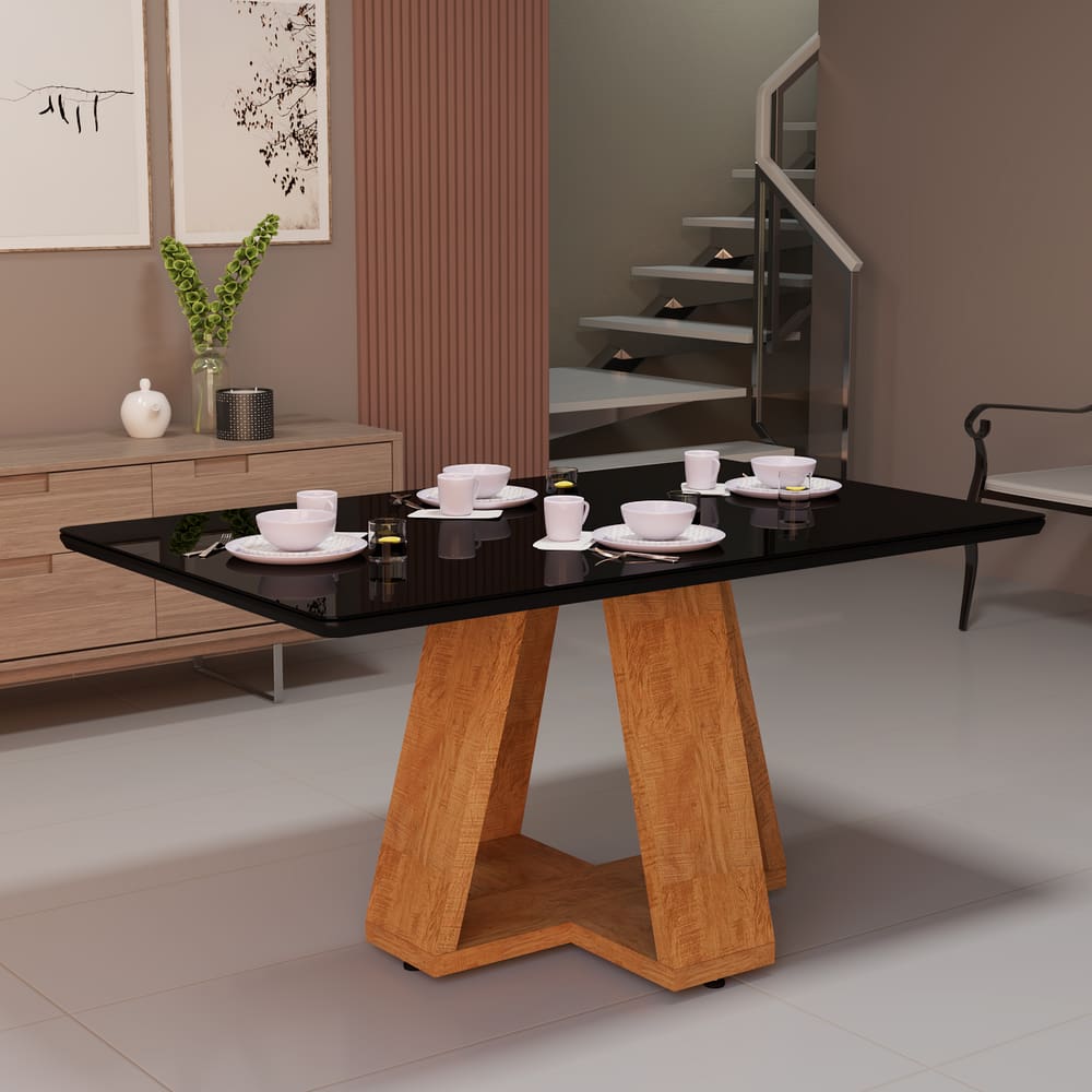 Mesa Retangular De Jantar Com Tampo de Vidro Para Sala De Estar e Cozinha
