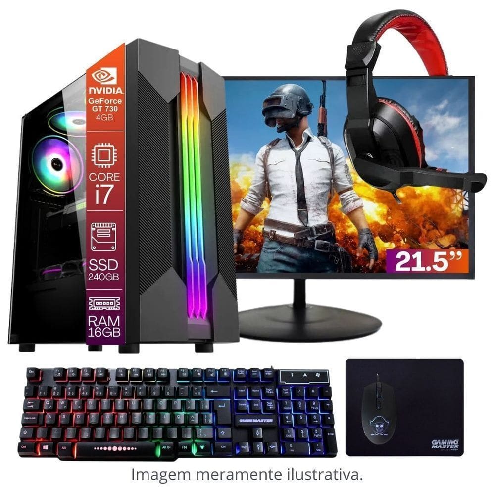 Computador Pc Gamer Completo Tob Intel Core I7 16Gb De Memória Ssd 240Gb Placa De Video Geforce 4Gb Monitor 21.5 Com Teclado Mouse Mouse Pad E Heads