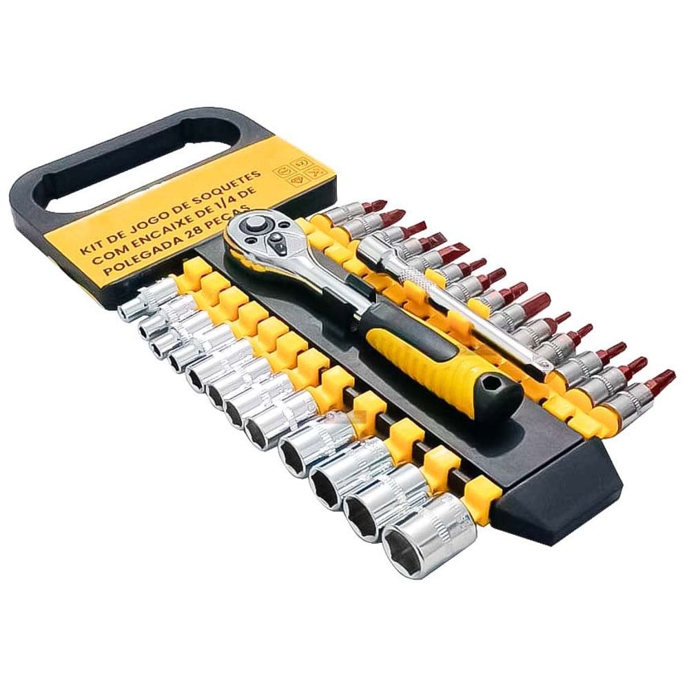 Kit Chave Catraca Reversível 1/4” Com 28 Peças Jogo de Extensor, Soquetes e Bits + Estojo