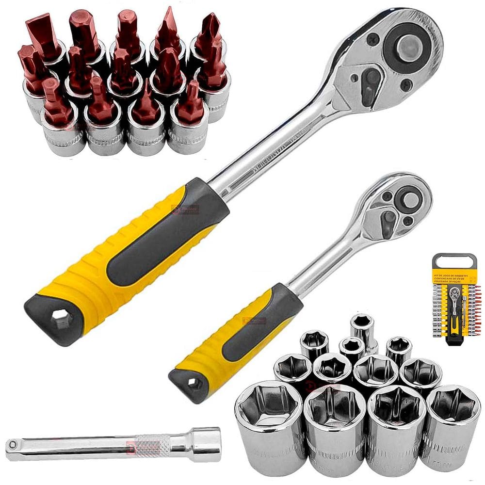 Kit 2 Chaves Catraca Reversivel Emborrachada de 1/2” e 1/4” Reforçada Aço + Bits Soquetes e Extensor 29 Peças + Maleta