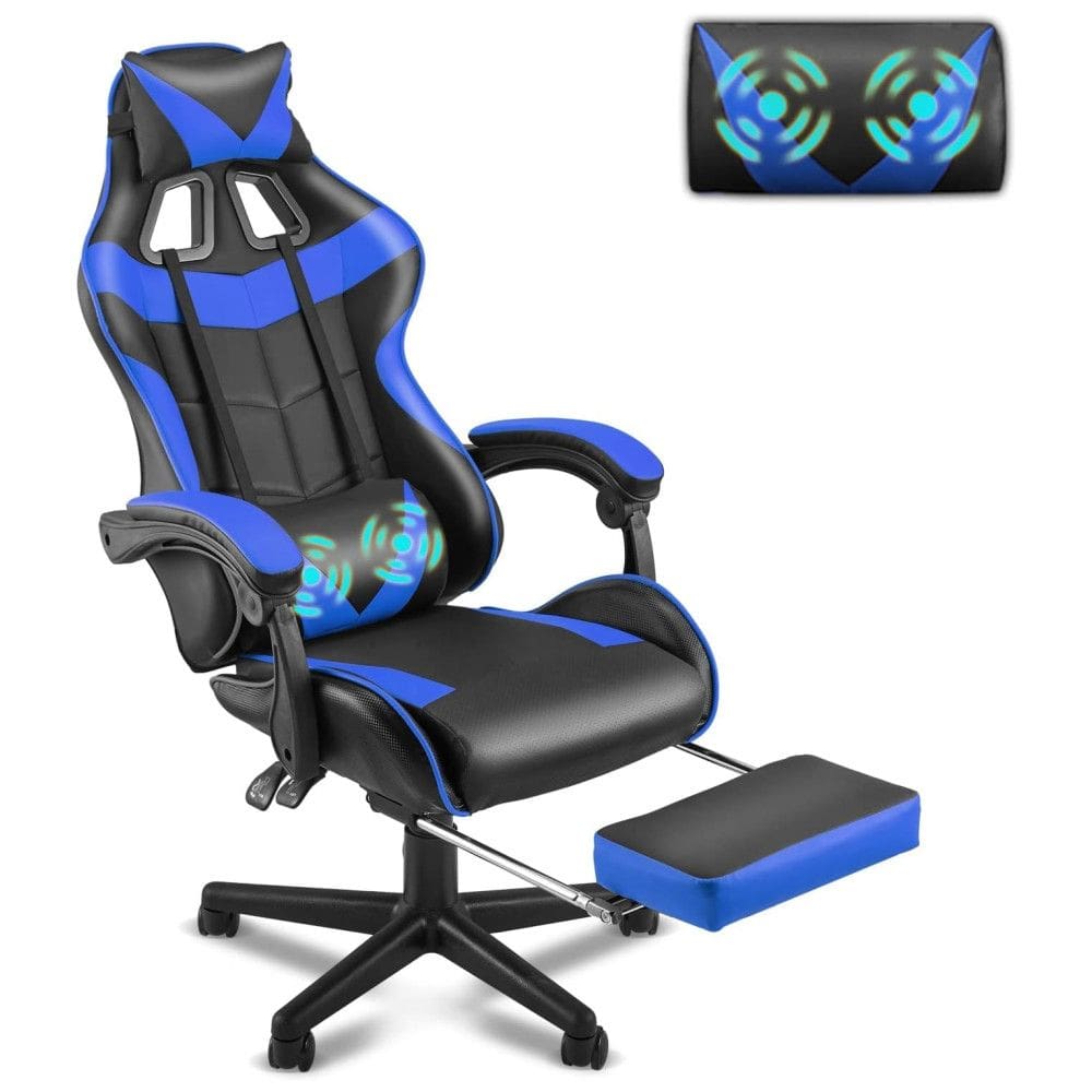 Cadeira Gamer Ergonômica Reclinável e Giratória com Apoio Lombar e Cabeça, e, SOONTRANS, Azul