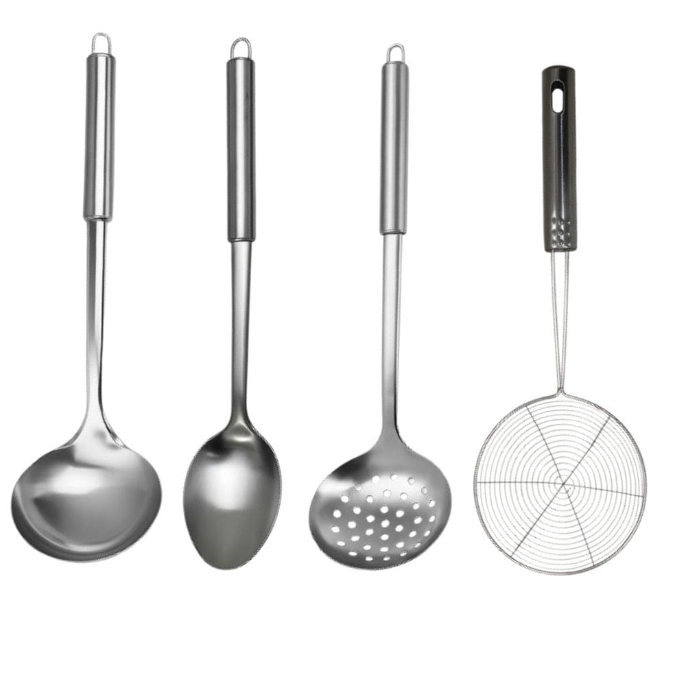 Kit Escumadeira aramada, concha feijão, colher arroz e escumadeira em Aço Inox