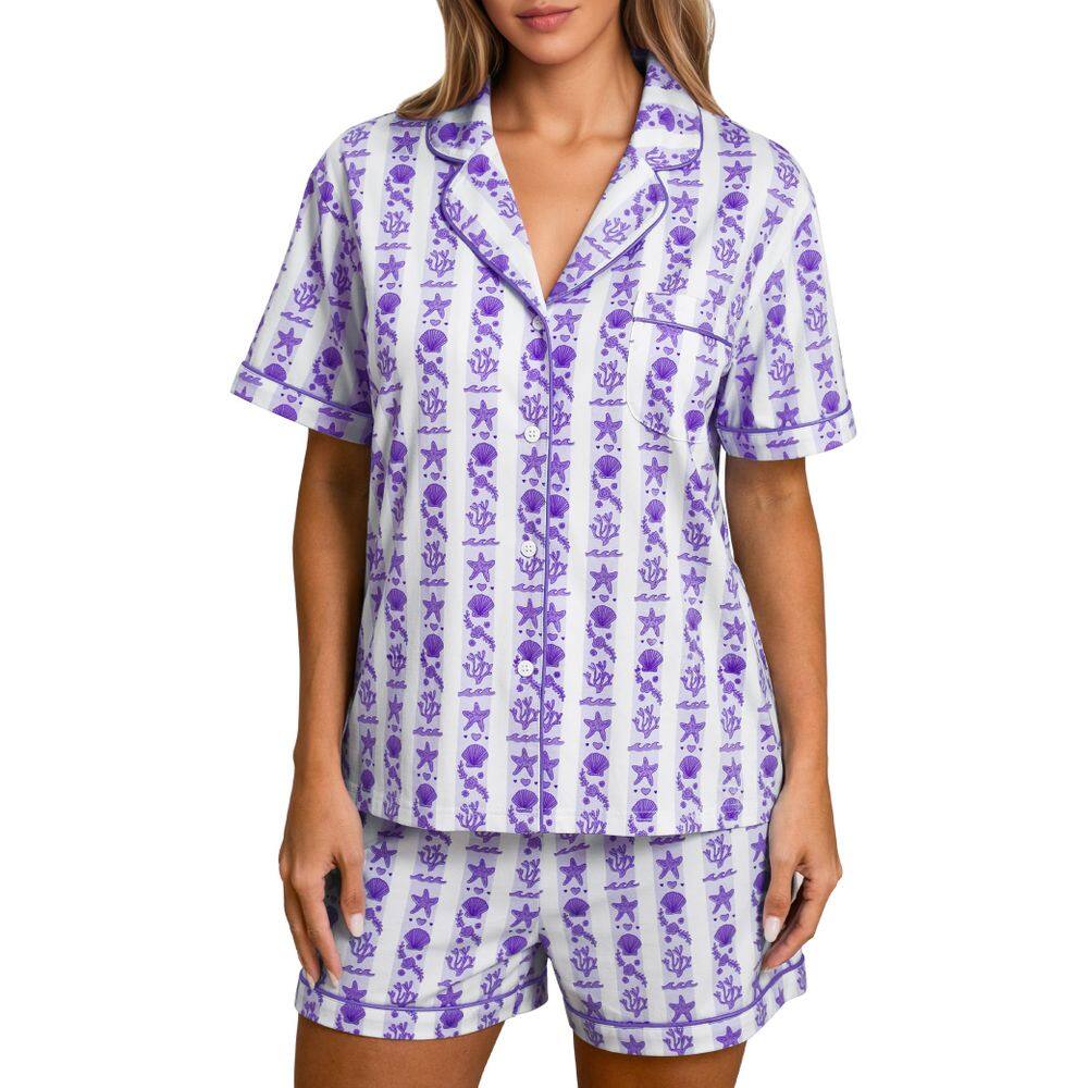 Conjunto de pijama Preppy para mulheres de verão, 2 peças de algodão e roxo