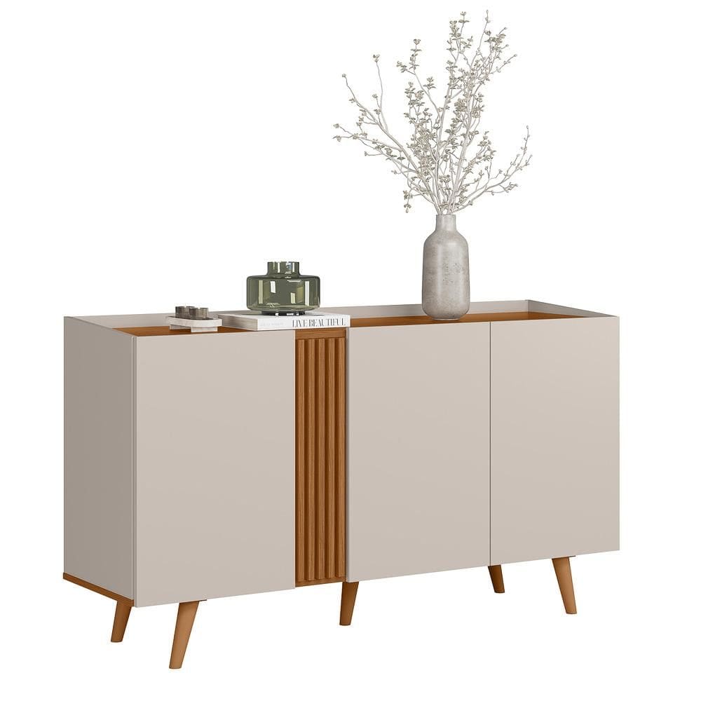 Buffet Capri - 3 Portas Detalhe Ripado Off White Fosco/Freijó - Colibri Móveis