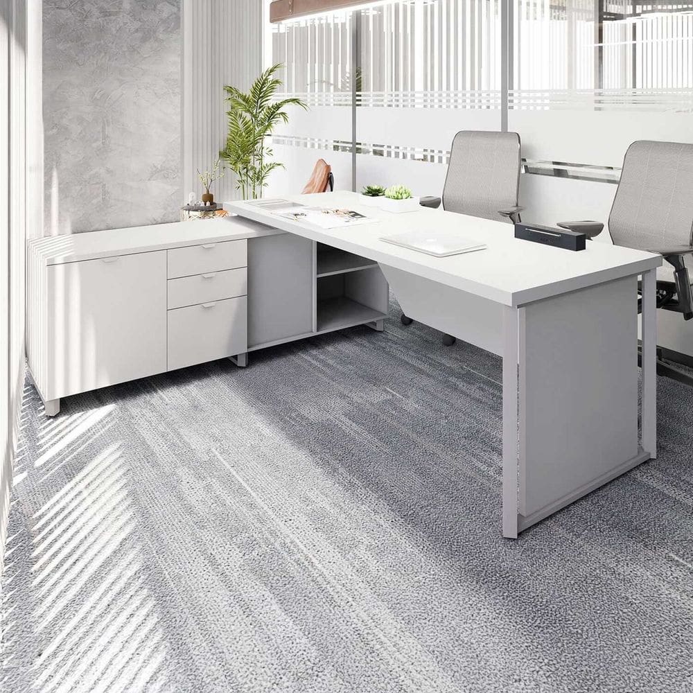 Mesa de Escritório Executiva 200cm com Armário Lateral e Caixa de Tomadas Corporate Cinza